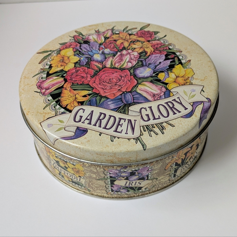 Decorative Vintage Style Round Floral Tin Canister Garden Glory Flowers Decor